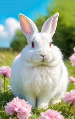 Obraz premium Easter rabbit, bunny on a floral background, 