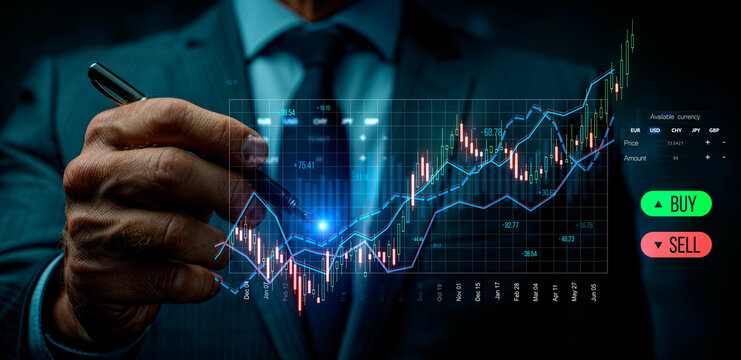 A businessman analyzing a digital stock market chart, blue and black background, investment concept. Generative AI
