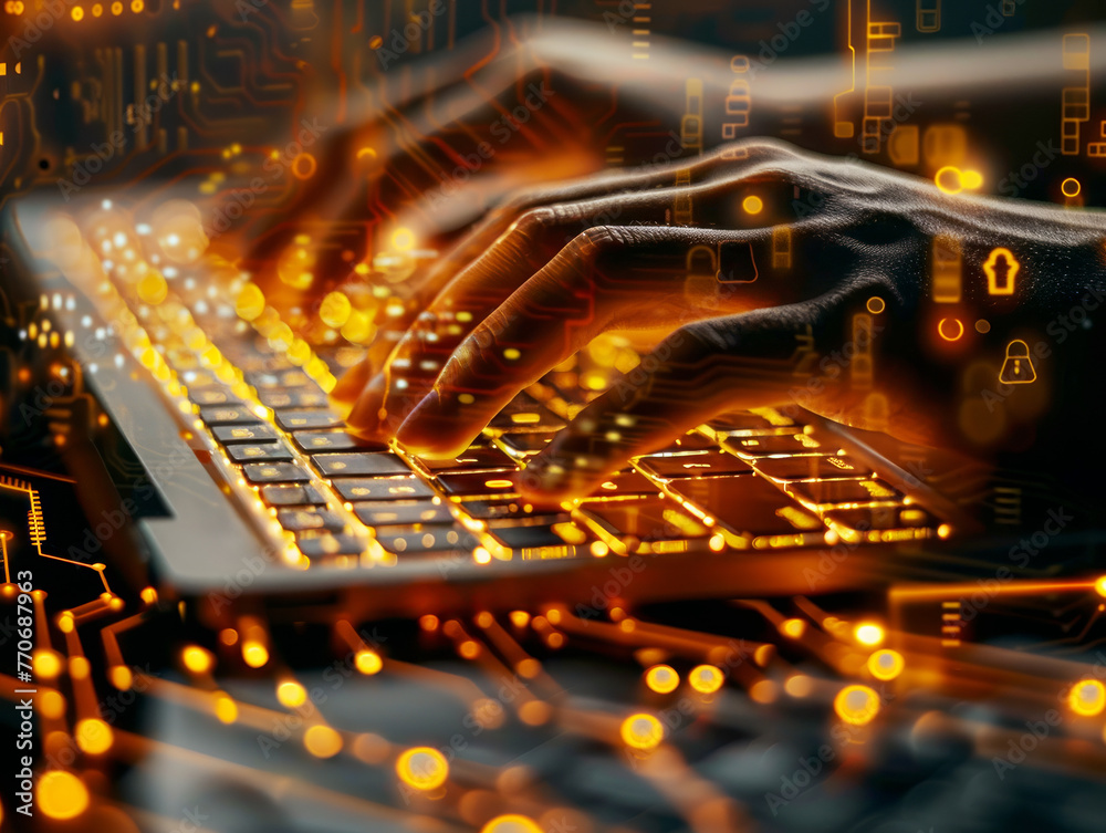 Poster Hands typing on a keyboard with glowing digital cybersecurity icons, on a circuit board background, concept of online security. Generative AI