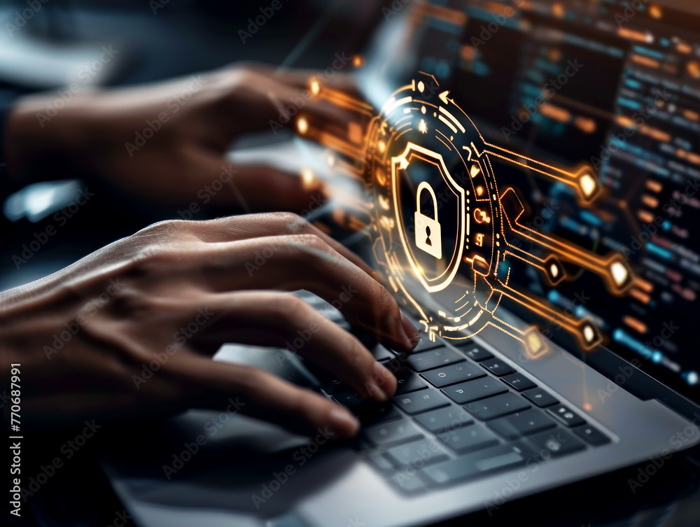Poster hands typing on a laptop with a digital security lock hologram, dark background, cybersecurity conce