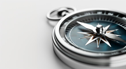 A close-up of a compass on a light gray background, showcasing direction-finding, with a photographic style. Generative AI
