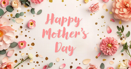 happy mother day design, hand written letters, flowers leaves and gold drops on light background
