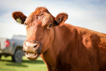 Brown cow standing in a field of lush green grass with a car in the background