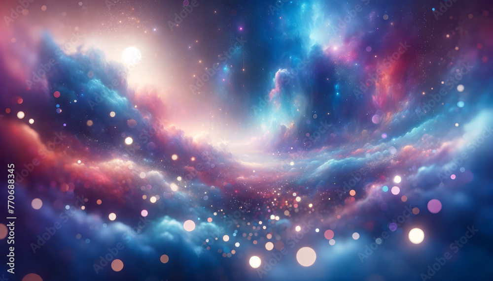 Poster A vibrant cosmic scene with celestial clouds and stars against a nebula background, concept of outer space exploration, Generative AI. Generative AI