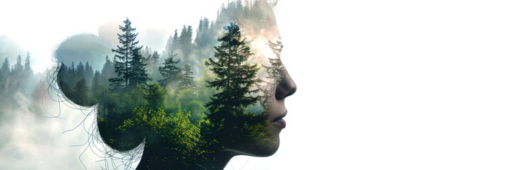 Silhouette of a woman with double exposure effect. A female head showing a green forest and beautiful nature. Environmental protection, global warming and climate change creative concept. - Powered by Adobe