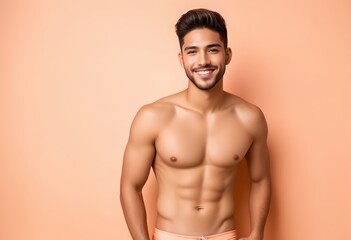 Smiling young Latino man with toned physique posing in swimwear, perfect for fitness and summer holiday concepts