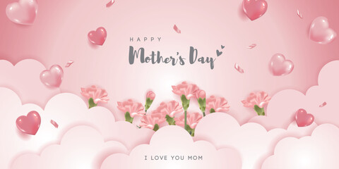Fototapeta na wymiar Mother's day banner with carnations and heart balloons on cloud