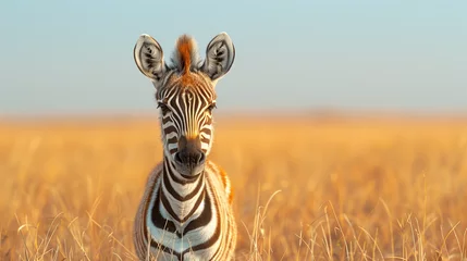 Fotobehang A zebra looking straight into the camera against a golden savannah backdrop © Aleksandra Ermilova