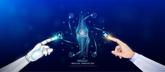 Bone knee joint in atom. Doctor and robot finger touching icon AI cross symbol. Health care too artificial intelligence cyborg or technology innovation science medical futuristic. Banner vector EPS10.
