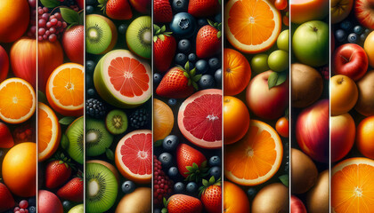 A vibrant display of various fruits carefully arranged, with a realistic graphic style against a dark background, showcasing the concept of freshness and diversity. Generative AI - obrazy, fototapety, plakaty
