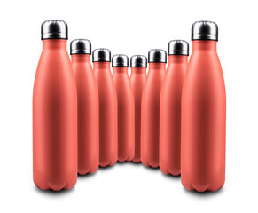 Many thermo steel bottles isolated on white background. Collage, mockup concept.