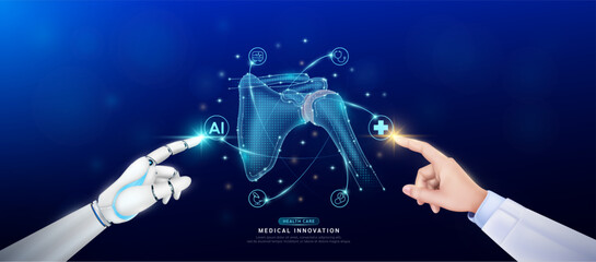 Bone shoulder joint in atom. Doctor and robot finger touching icon AI cross symbol. Health care too artificial intelligence cyborg or technology innovation science medical futuristic. Banner vector.