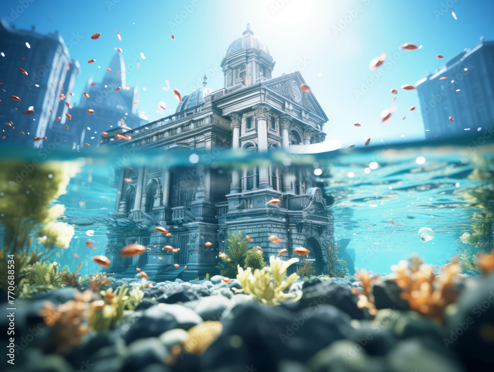 Poster underwater view of classical architecture with fish, vibrant marine life on light background, creati