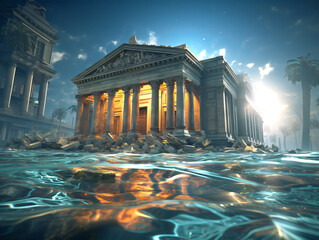 A flooded classical building at sunset, with water around, depicting an apocalyptic scene. Creative concept on a cloudy sky background. Generative AI - Powered by Adobe