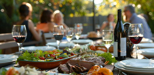 A large table with a variety of food and drinks, including a steak, salad, and wine