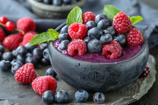 Fresh blueberry and raspberry smoothie in a bowl with mint garnish