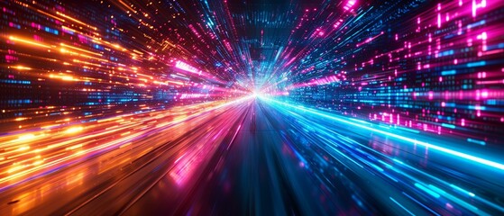 Fototapeta na wymiar Speed of light in data, neon abstract tech flow