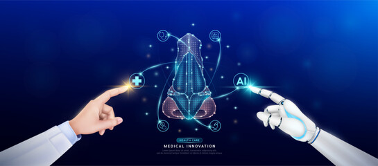 Human nose in atom. Doctor and robot finger touching icon AI cross symbol. Health care too artificial intelligence cyborg or technology innovation science medical futuristic. Banner vector EPS10.