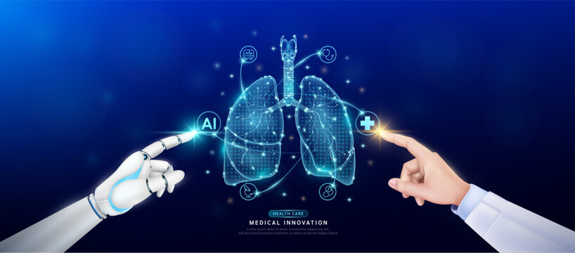 Lung in atom. Doctor and robot finger touching icon AI cross symbol. Health care too artificial intelligence cyborg or technology innovation science medical futuristic. Banner vector EPS10.