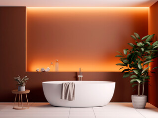 Modern bathroom interior with a freestanding tub, plants, and warm lighting on a brown gradient background, concept of luxury living. Generative AI - Powered by Adobe