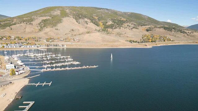 Drone footage of the Dillon Marina on a sunny day in Colorado, United States