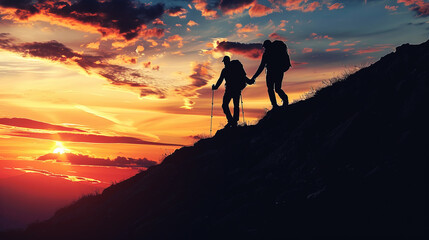 Silhouettes of two hikers holding hands on a mountaintop against a vibrant sunset, with a creative background and concept of adventure. Generative AI