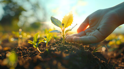A hand nurturing a young plant in soil, natural sunlight, concept of environmental care. Generative AI - obrazy, fototapety, plakaty