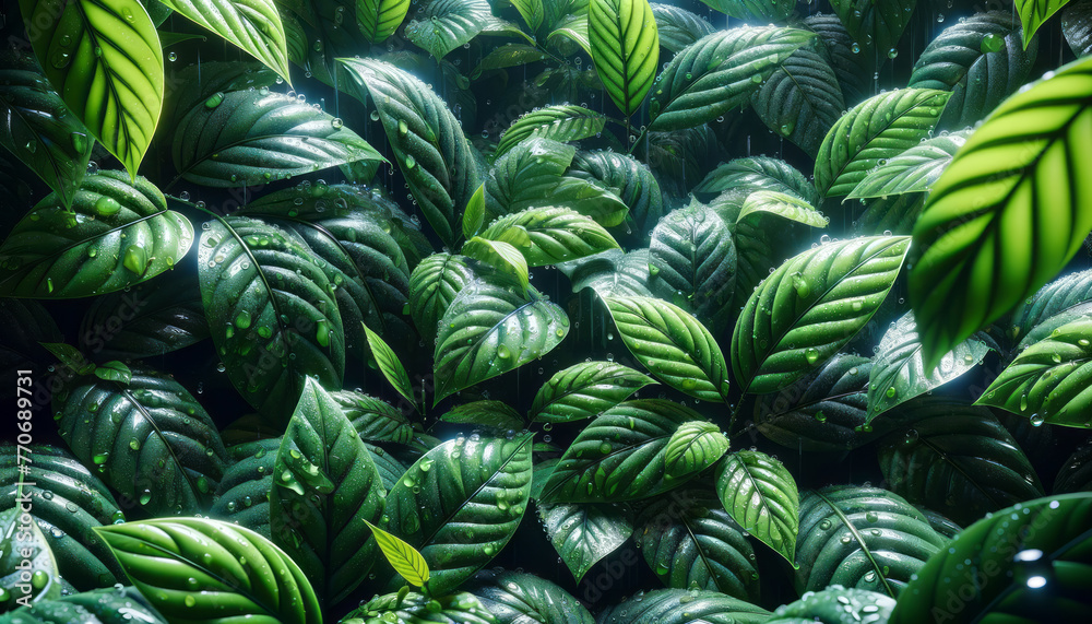 Poster wet green leaves with translucent water droplets on a dark background. generative ai