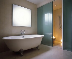 Fototapeta na wymiar The bathtub bathroom projects great illuminated luxury. Bathtub Bathroom Candles Luxury Door Mirror Large Room Shower Lighted Modern To1