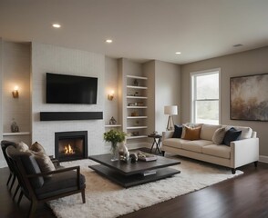 Modern luxury living room. Horizontal shot of a modern living room in an upscale home with lounge chairs, and a view of the stairs and fireplace.1300