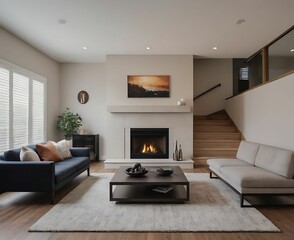 Modern luxury living room. Horizontal shot of a modern living room in an upscale home with lounge chairs, and a view of the stairs and fireplace.300