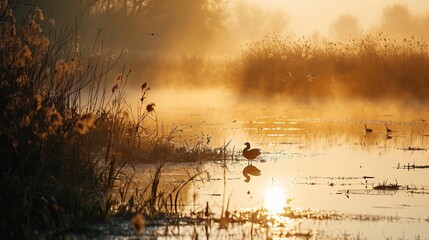 Golden Sunrise Over Misty Lake with Silhouetted Ducks and Reflective Water