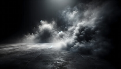 Dynamic smoke plumes in spotlight on dark concrete floor. Drama and theatrical concept. Generative...