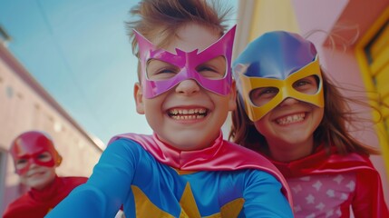Portrait of a happy, laughing and smiling children dressed in superhero costumes and masks. Celebration of carnival, party, Halloween, and the Jewish holiday of Purim.