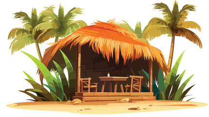Hut or Bar with Thatched or Straw Roof and Palm Lea - obrazy, fototapety, plakaty