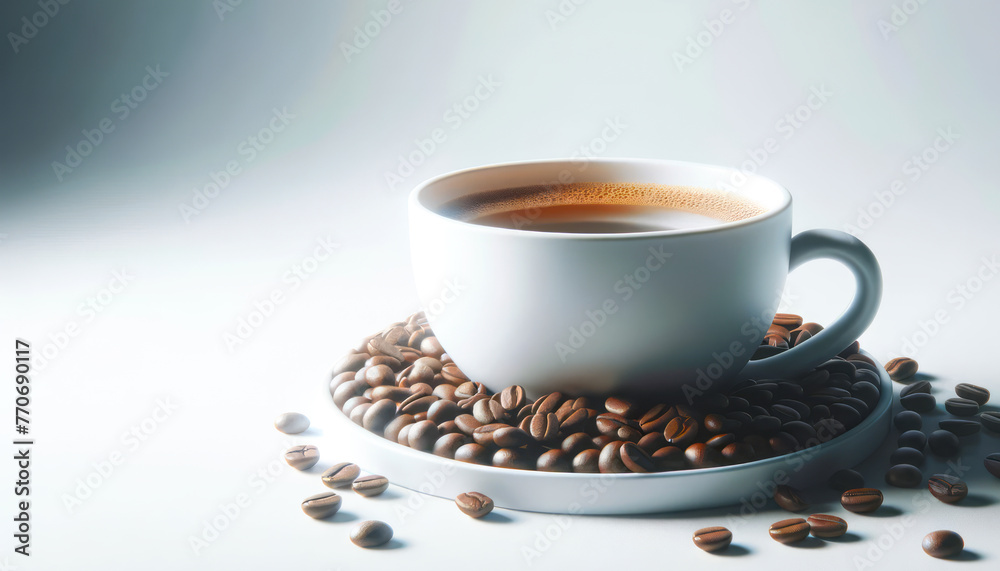 Poster sleek coffee cup on a saucer surrounded by scattered beans, gradient lighting. generative ai