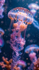 Closeup of jellyfish in tropical sea, photorealistic, vibrant colors, natural light ,ultra HD,clean sharp