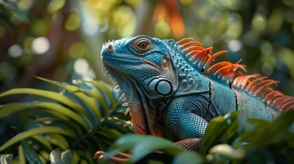 Closeup, photorealistic iguana in a tropical evergreen, vibrant colors ,digital photography,Prime Lenses - obrazy, fototapety, plakaty