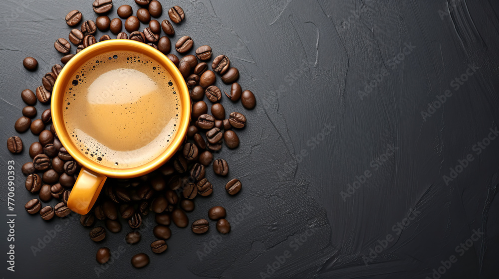 Poster yellow coffee mug filled with espresso, surrounded by beans on dark surface. bold contrast. generati