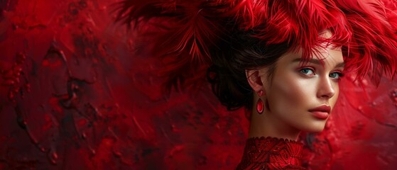 Fototapeta premium Distinctive in red, one woman outshines the common blues