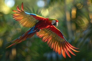 Vibrant, photorealistic macaw flying, tropical evergreen backdrop, sky, natural light ,3DCG,high resulution