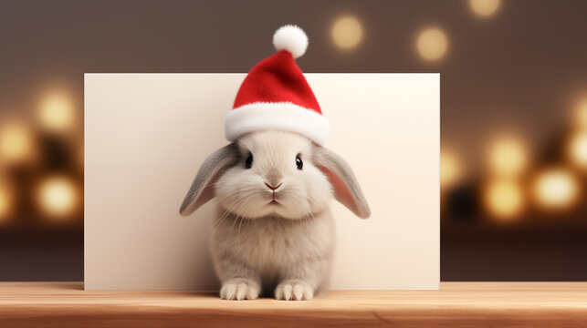 Merry Christmas greeting card. Cute bunny in a hat.