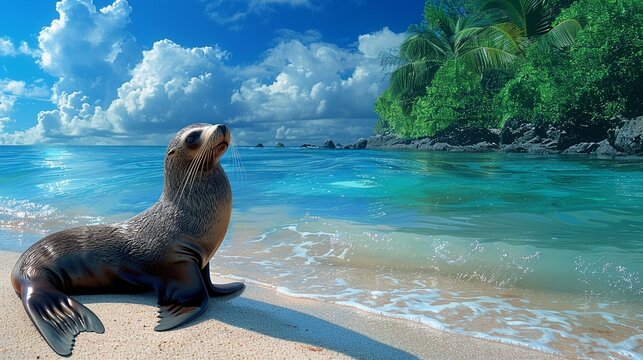 Sea lion resting on shore, photorealistic, tropical background, vibrant colors ,3DCG,high resulution