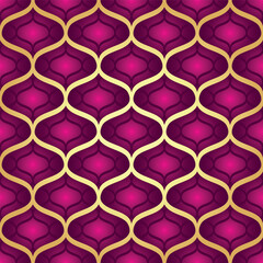 Seamless geometric vintage pattern with golden and gradient purple shapes. Vector image