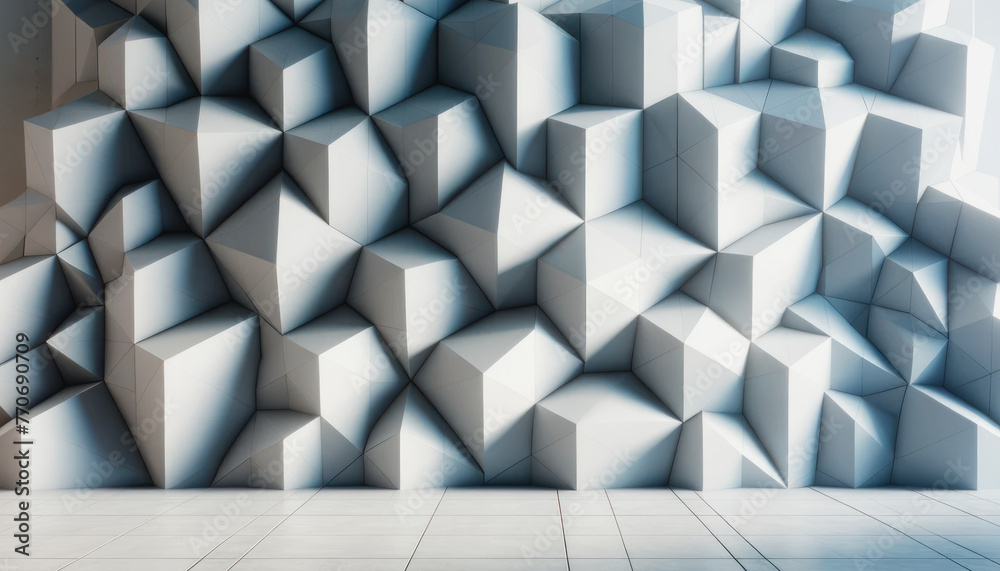 Poster a modern room with a geometric pattern wall design in white and blue tones, with sunlight casting sh