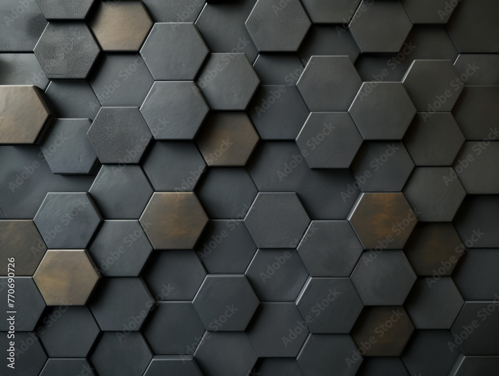Poster a pattern of hexagonal tiles in varying shades of grey and brown, geometrical, on a wall, modern des