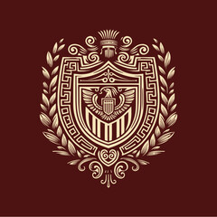 Vintage Classic Floral Shield Roman and Greek Line Drawing Style Logo Design, T-shirt and Streetwear	