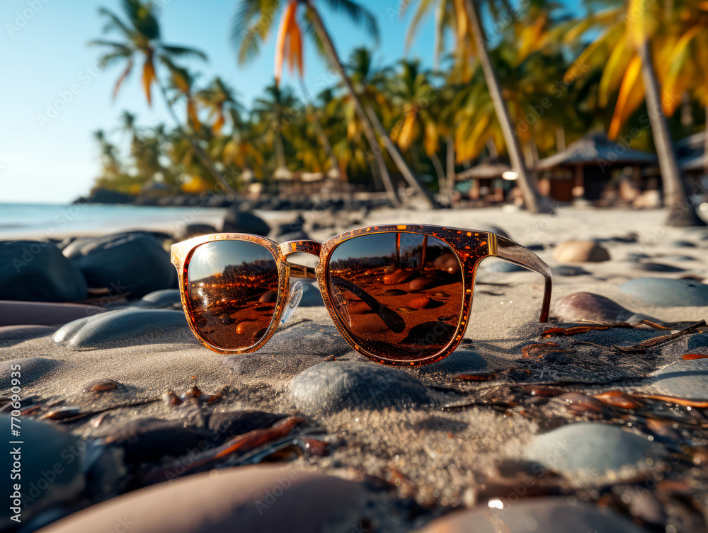 Poster closeup of sunglasses on a beach with palm trees reflected in the lenses. ai generative illustration