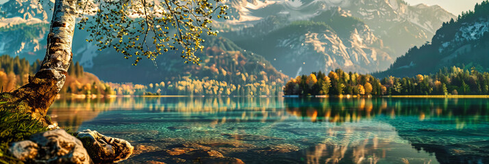 Picturesque Austrian Lake with Crystal Clear Water, Surrounded by Autumn Trees and Mountains - obrazy, fototapety, plakaty