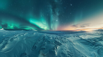 The frozen expanse of a snowy landscape under the aurora borealis offering a magical and ethereal view. - obrazy, fototapety, plakaty